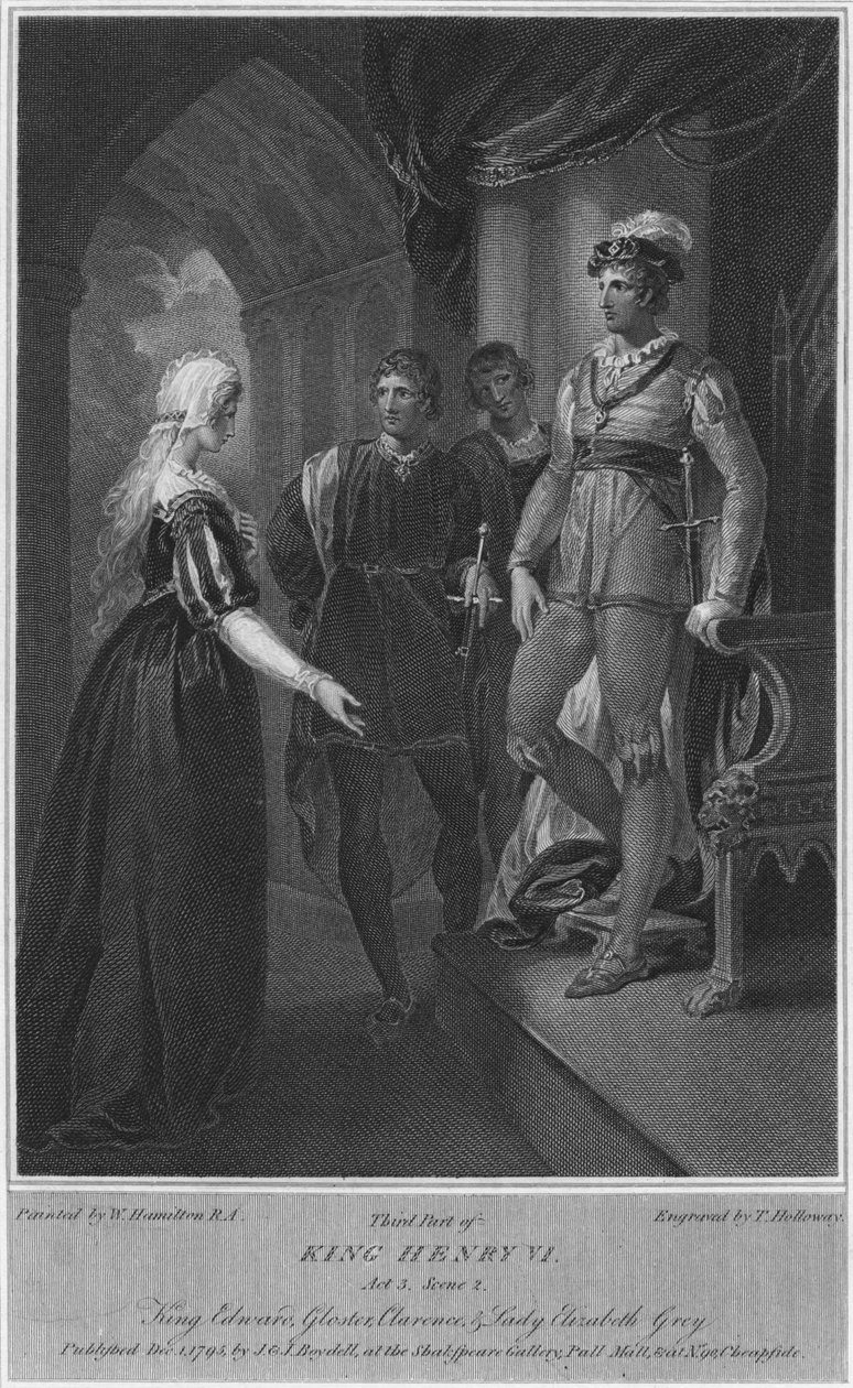 Trzecia część króla Henryka VI. Akt 3. Scena 2. Król Edward, Gloucester, Clarence i Lady Elizabeth Gre autorstwa Thomas Holloway