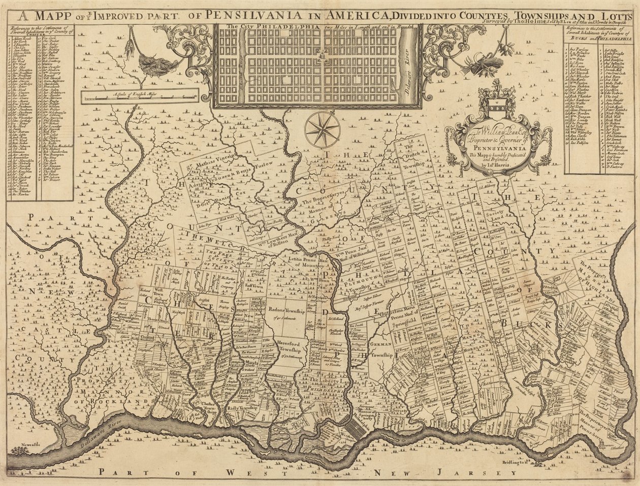 Mapa ulepszonej części Pensylwanii w Ameryce, z podziałem na hrabstwa, miasteczka i losy autorstwa Thomas Holme