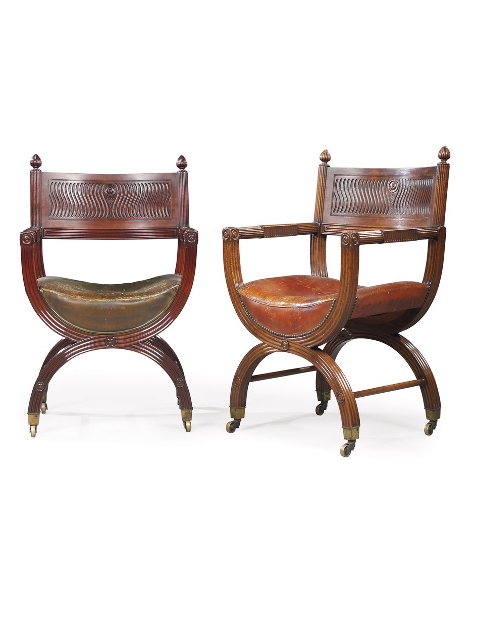 Późno wiktoriański fotel Mahogany X-Frame, przypisywany Marsh, Jones & Cribb, według projektu Thomasa Hope, ok. 1880 (mahoń) autorstwa Thomas Hope