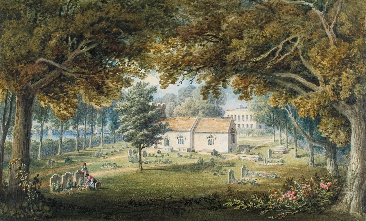 Briton Ferry, Churchyard (akwarela, ołówek i guma arabska na papierze) autorstwa Thomas Hornor