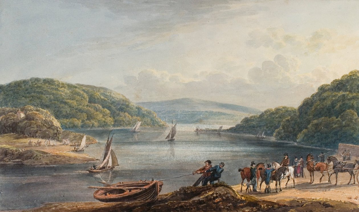 Briton Ferry, rzeka i kościół (akwarela i ołówek na papierze) autorstwa Thomas Hornor