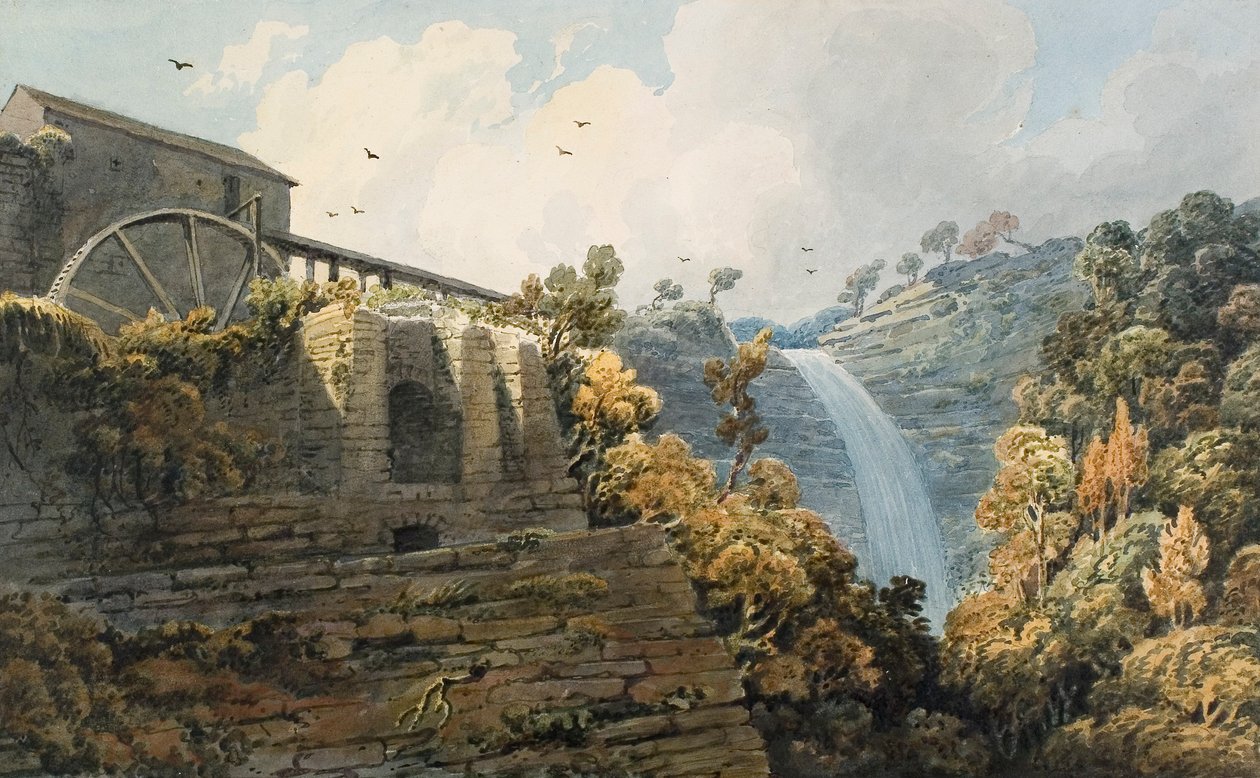 Cascade and Furnace of Melincourt (akvarelli ja kynä paperille) kiillotusaine autorstwa Thomas Hornor