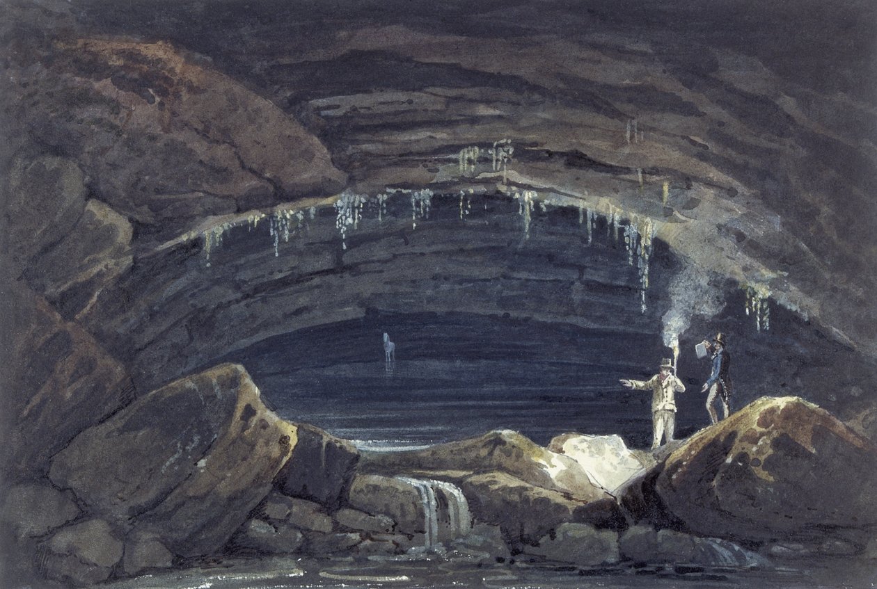 Otwarcie jaskini w Porth yr Ogof (akwarela na papierze) autorstwa Thomas Hornor