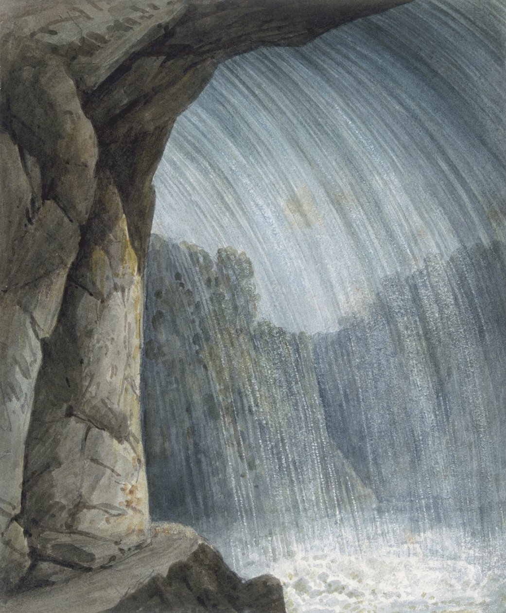 Pod kaskadą (akwarela i kreda na papierze) autorstwa Thomas Hornor