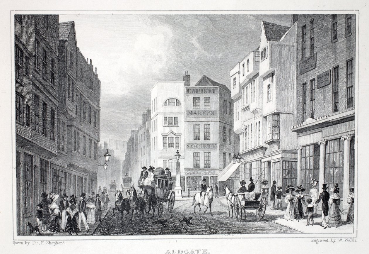 Aldgate, z pubu „Londyn i jego okolice w XIX wieku”. Jones und Co., 1827-1829 autorstwa Thomas Hosmer Shepherd