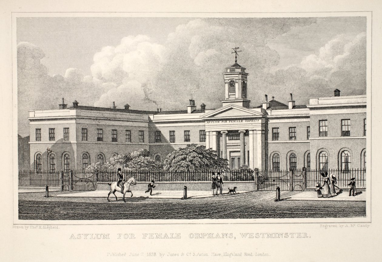 Azyl dla żeńskich sierot, Westminster, z pubu „Londyn i jego okolice w XIX wieku”. Jones und Co., 1827-1829 autorstwa Thomas Hosmer Shepherd