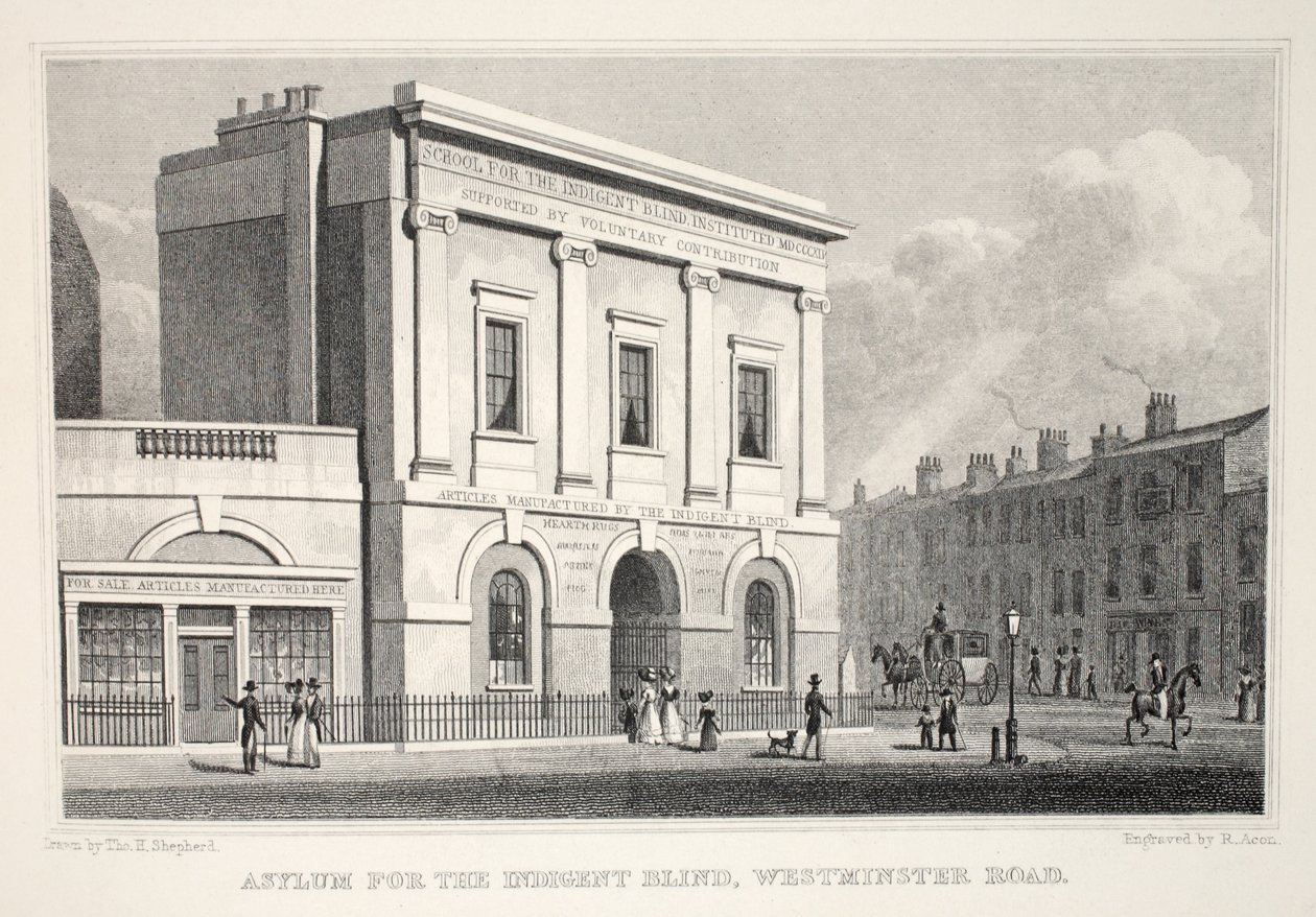 Azyl dla ubogich niewidomych, Westminster Road, z pubu „Londyn i jego okolice w XIX wieku”. Jones und Co., 1827-1829 autorstwa Thomas Hosmer Shepherd