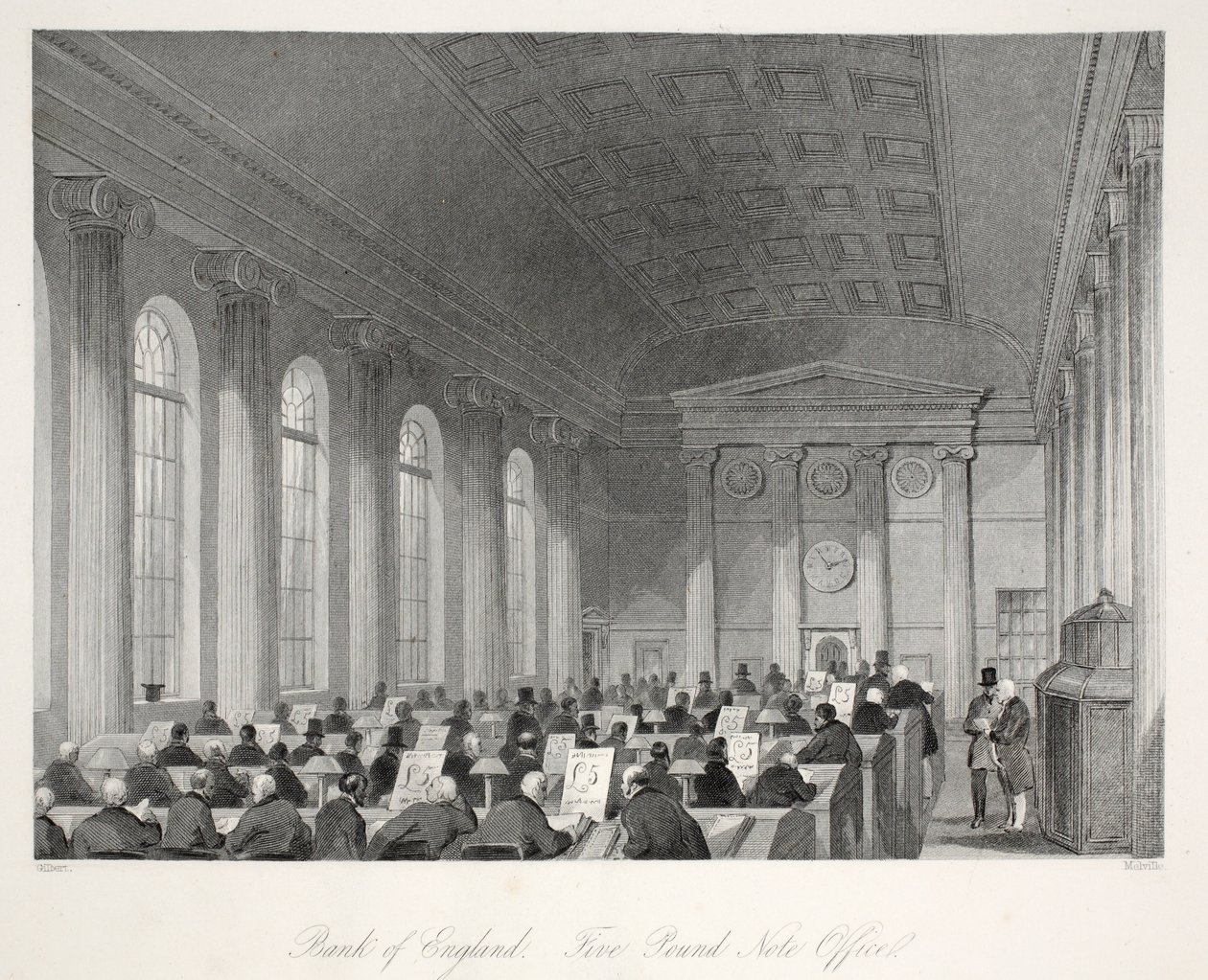 Bank of England - Five Pound Note Office, z pubu „London Interiors withich Costumes and Ceremonies”. Joseph Mead, Londyn, c.1843 (rycina stalowa) autorstwa Thomas Hosmer Shepherd