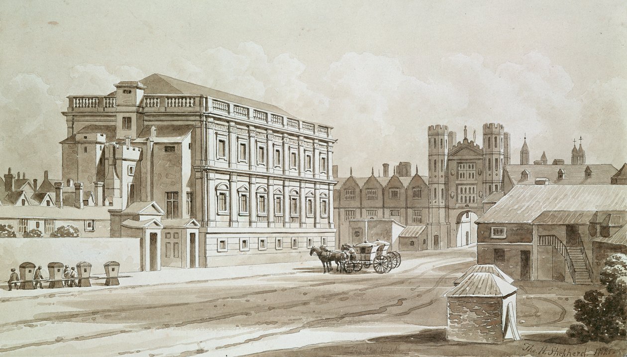 Dom Bankietowy i Brama Królewska, 1827 (pióro i atrament i toaleta na papierze) autorstwa Thomas Hosmer Shepherd