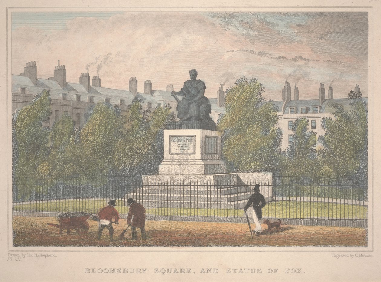 Bloomsbury Square z posągiem lisa, grawerowanym przez Charlesa Mottrama (1806-76) autorstwa Thomas Hosmer Shepherd