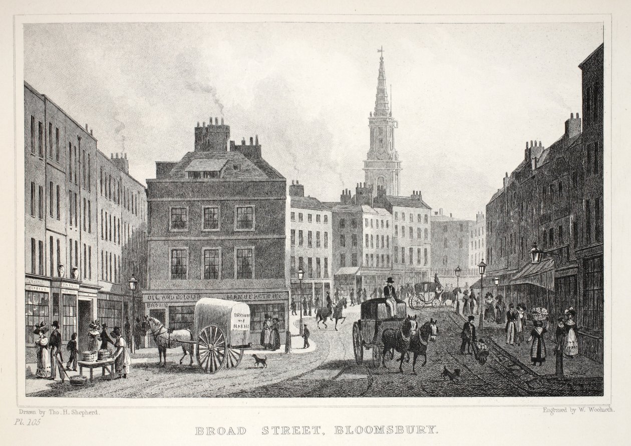 Broad Street, Bloomsbury, z pubu „Londyn i okolice w XIX wieku”. Jones und Co., 1827-1829 autorstwa Thomas Hosmer Shepherd