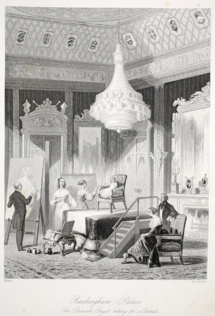 Pałac Buckingham - Księżniczka Królewska siedząca do portretu, z londyńskich wnętrz z ich kostiumami i ceremoniami pub. Joseph Mead, Londyn, ok. 1843 staloryt. autorstwa Thomas Hosmer Shepherd