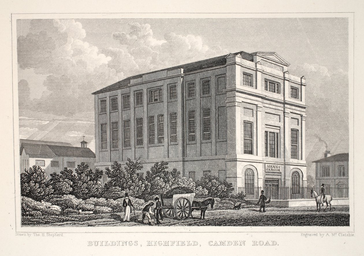 Budynki, Highfield, Camden Road, z pubu „Londyn i okolice w XIX wieku”. Jones und Co., 1827-1829 autorstwa Thomas Hosmer Shepherd