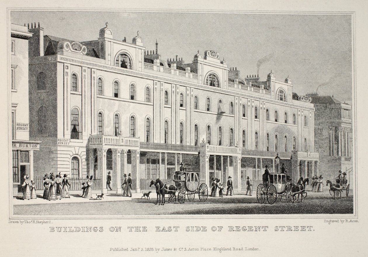 Budynki po wschodniej stronie Regent Street, z pubu „Londyn i jego okolice w XIX wieku”. Jones und Co., 1827-1829 autorstwa Thomas Hosmer Shepherd