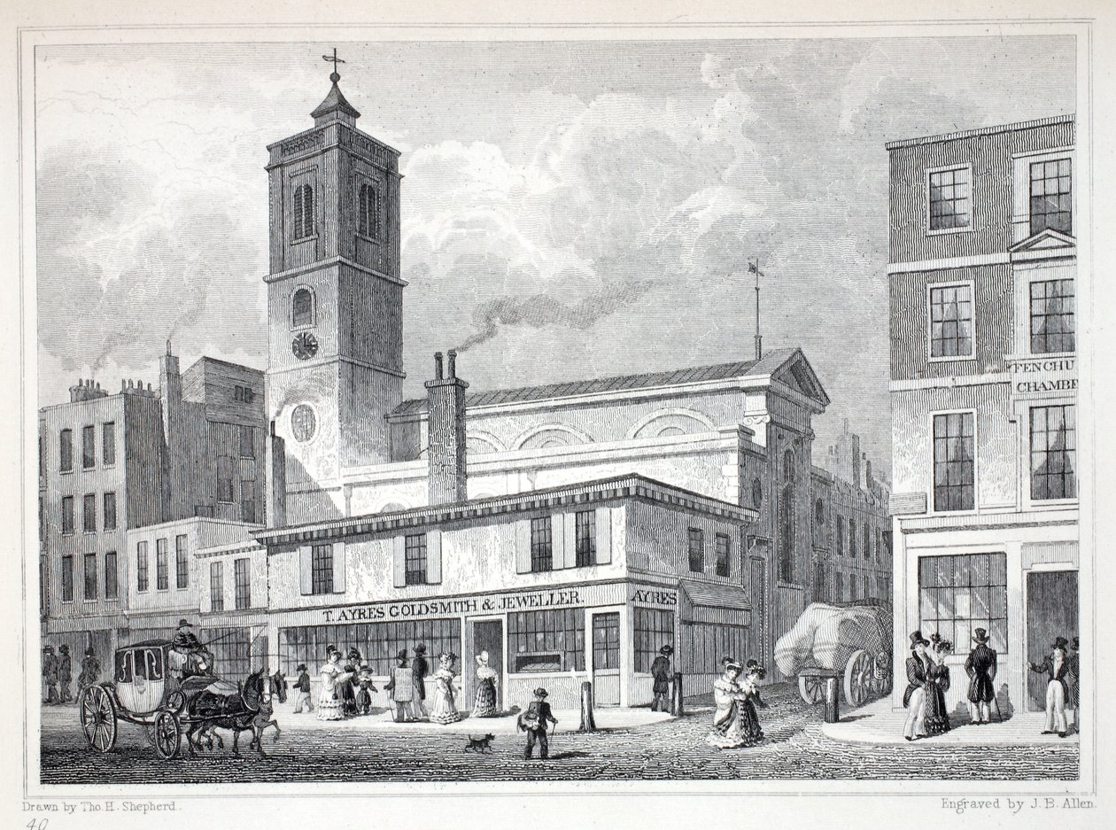 Kościół St Dionis, Backchurch, z pubu „Londyn i jego okolice w XIX wieku”. Jones und Co., 1827-1829 autorstwa Thomas Hosmer Shepherd