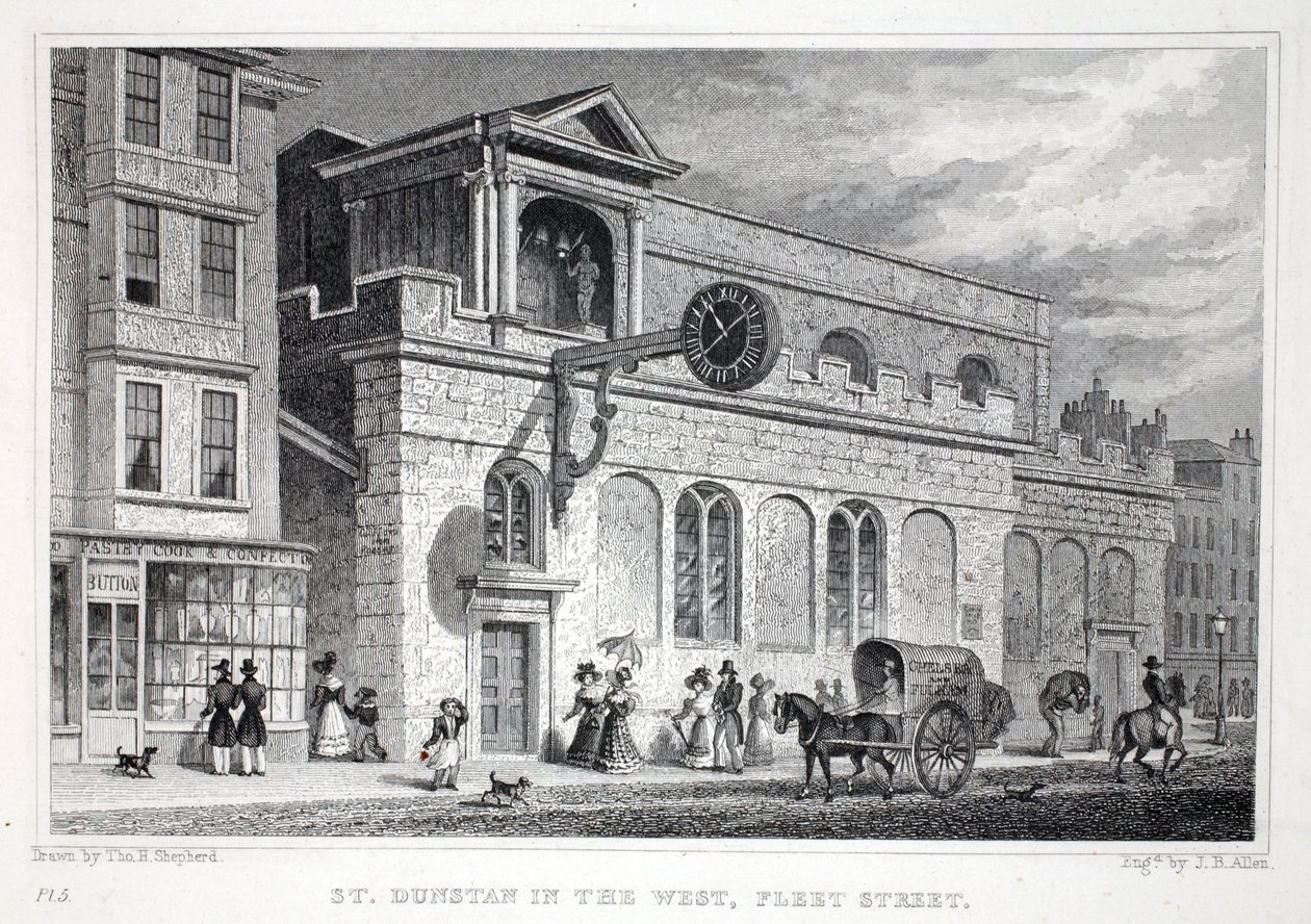 Kościół św. Dunstana, na zachodzie, Fleet Street, z pubu „Londyn i jego okolice w XIX wieku”. Jones und Co., 1827-1829 autorstwa Thomas Hosmer Shepherd