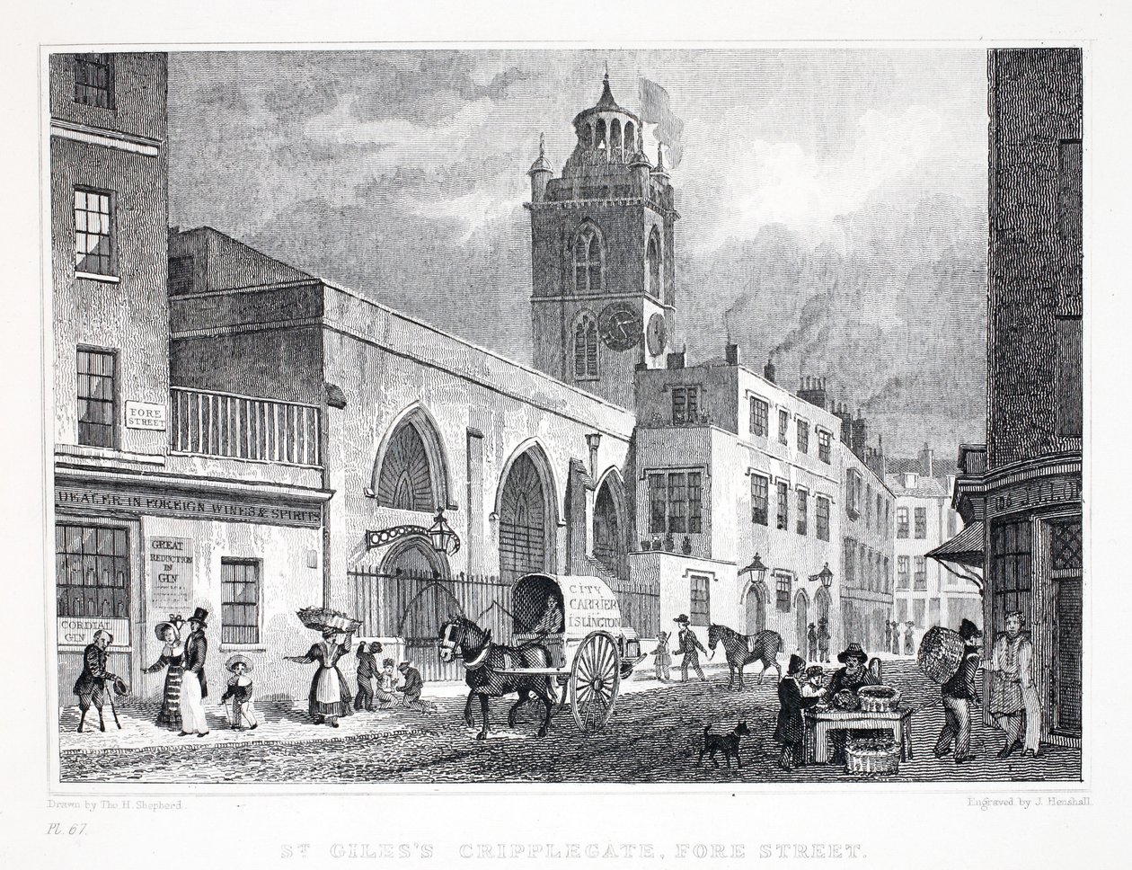 Kościół St Giles, Cripplegate, z pubu „Londyn i jego okolice w XIX wieku”. Jones und Co., 1827-1829 autorstwa Thomas Hosmer Shepherd