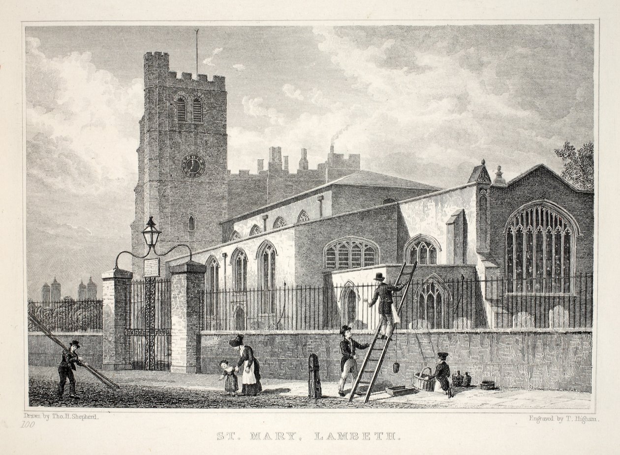 Kościół St Mary, Lambeth, z pubu „Londyn i jego okolice w XIX wieku”. Jones und Co., 1827-1829 autorstwa Thomas Hosmer Shepherd