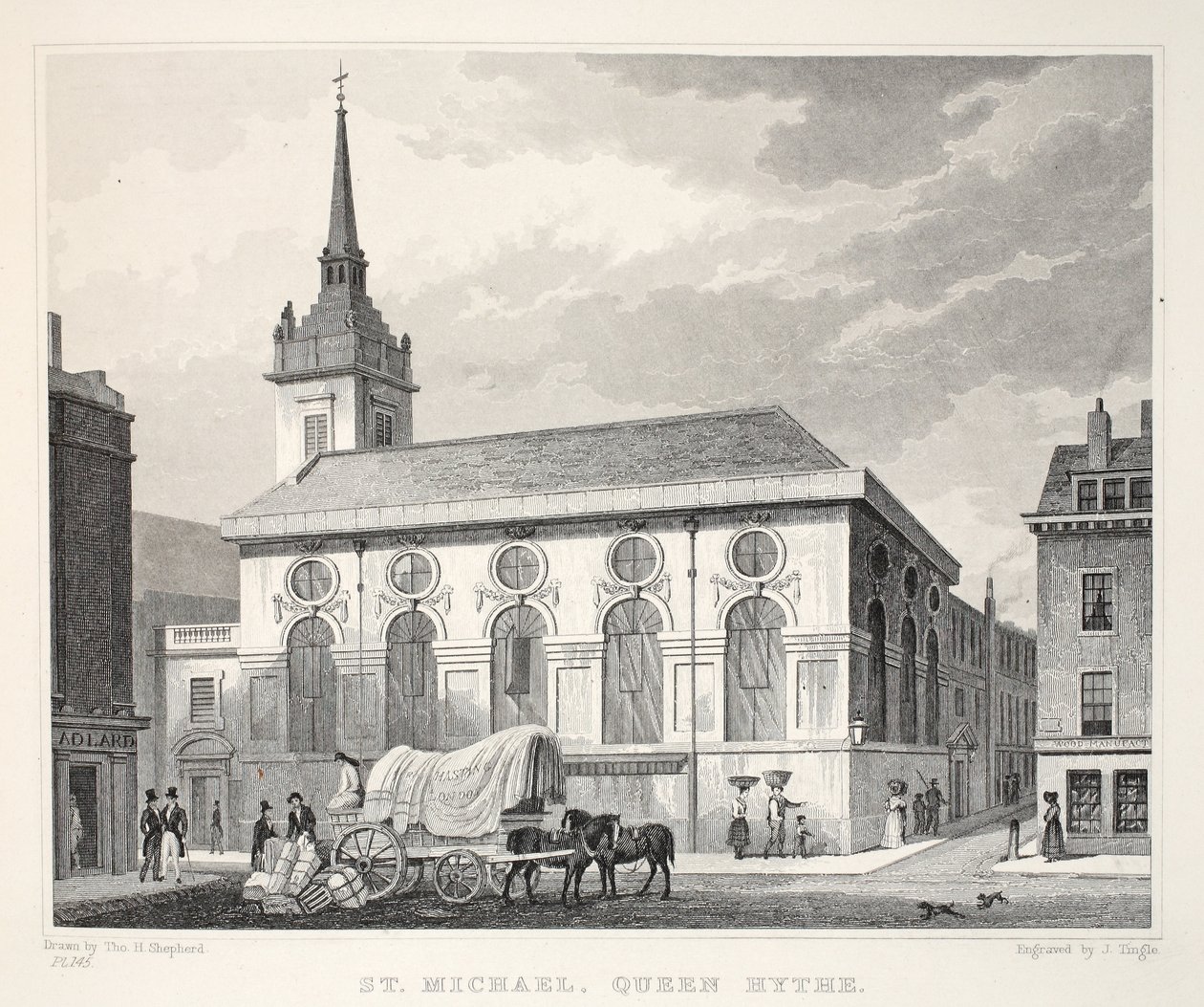 Kościół św. Michała, Queenhithe, z pubu „Londyn i jego okolice w XIX wieku”. Jones und Co., 1827-1829 autorstwa Thomas Hosmer Shepherd