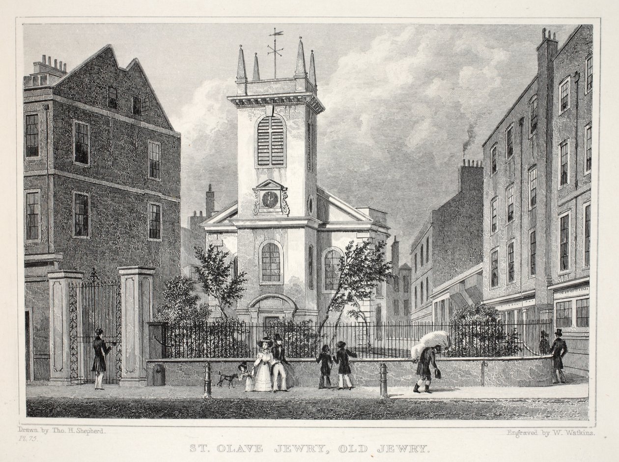 Church of St Olave Jewry, Old Jewry, z Londynu i okolic w pubie z XIX wieku. Jones und Co., 1827-1829 autorstwa Thomas Hosmer Shepherd