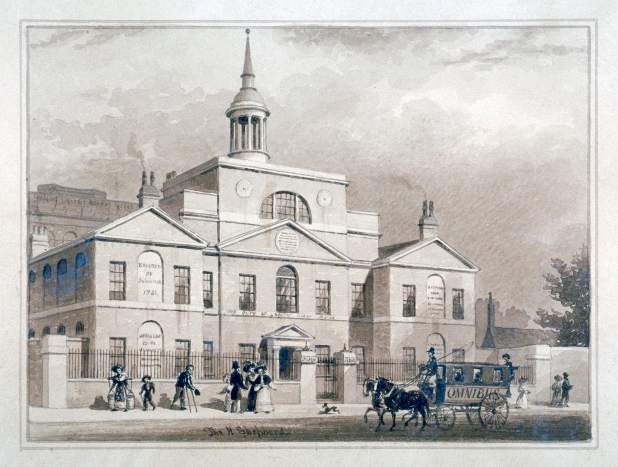 City of London Lying-In Hospital, City Road, Finsbury, Londyn, c1827. autorstwa Thomas Hosmer Shepherd