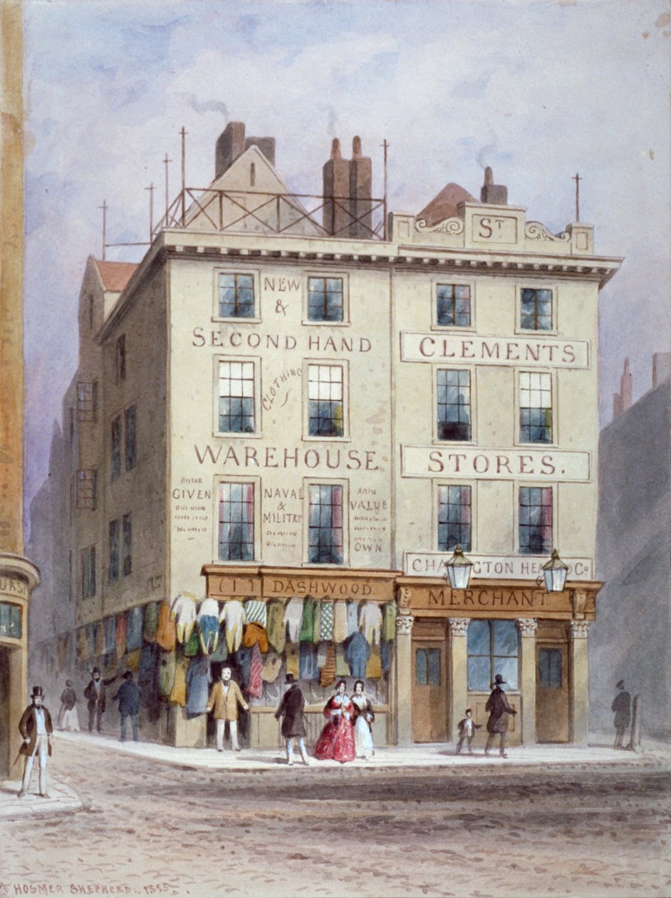 Sklepy Clementa na skrzyżowaniu Holywell Street i Wych Street, Westminster, Londyn, 1855. autorstwa Thomas Hosmer Shepherd
