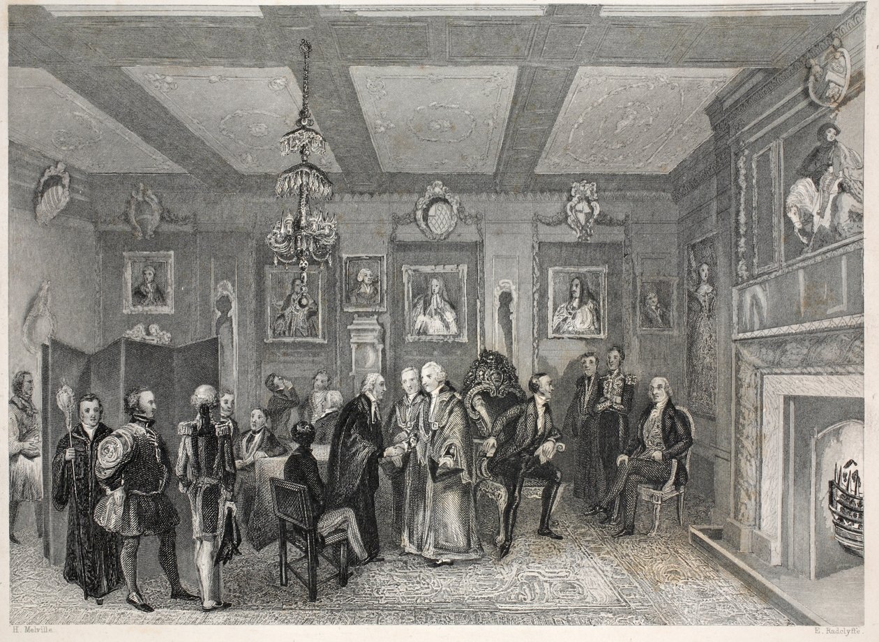 Sala Rady, Sala Winiarzy, z pubu „London Interiors with your Costumes and Ceremonies”. Joseph Mead, Londyn, c.1843 (rycina stalowa) autorstwa Thomas Hosmer Shepherd