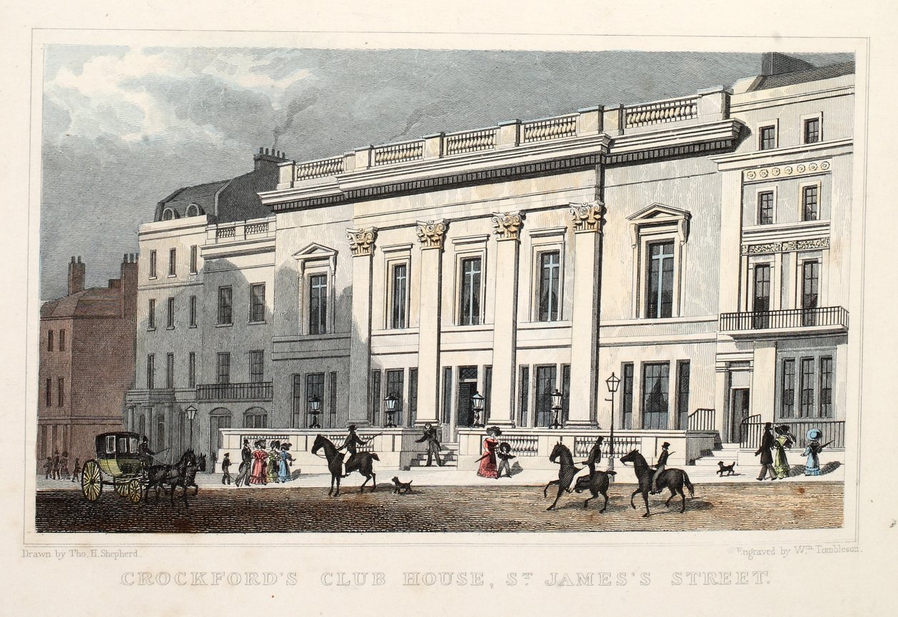 Crockfords Club House, St. James Street. Pub. 1828 (ręcznie kolorowane grawerowanie) autorstwa Thomas Hosmer Shepherd