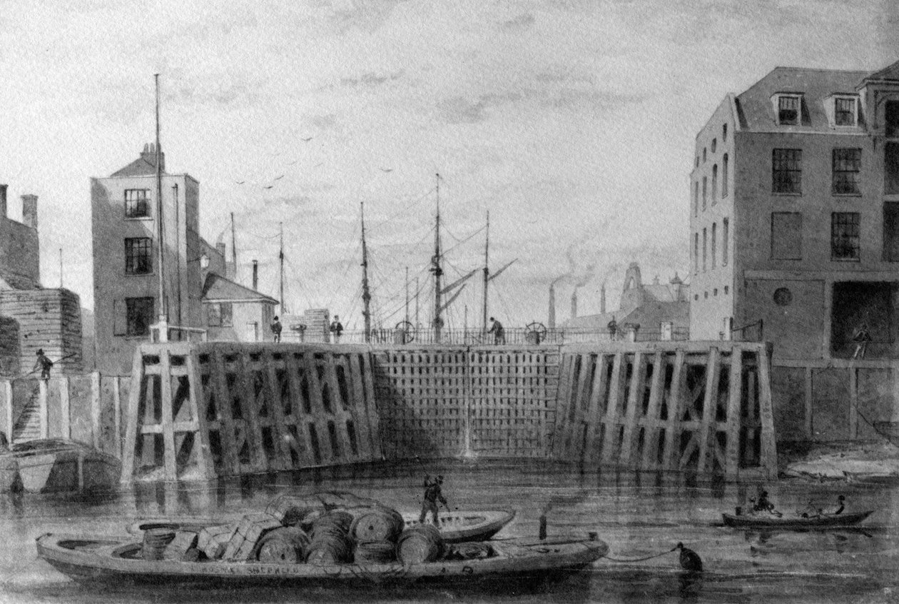 Wejście do Limehouse Dock, 1850 (pióro, atrament i pranie na papierze) autorstwa Thomas Hosmer Shepherd