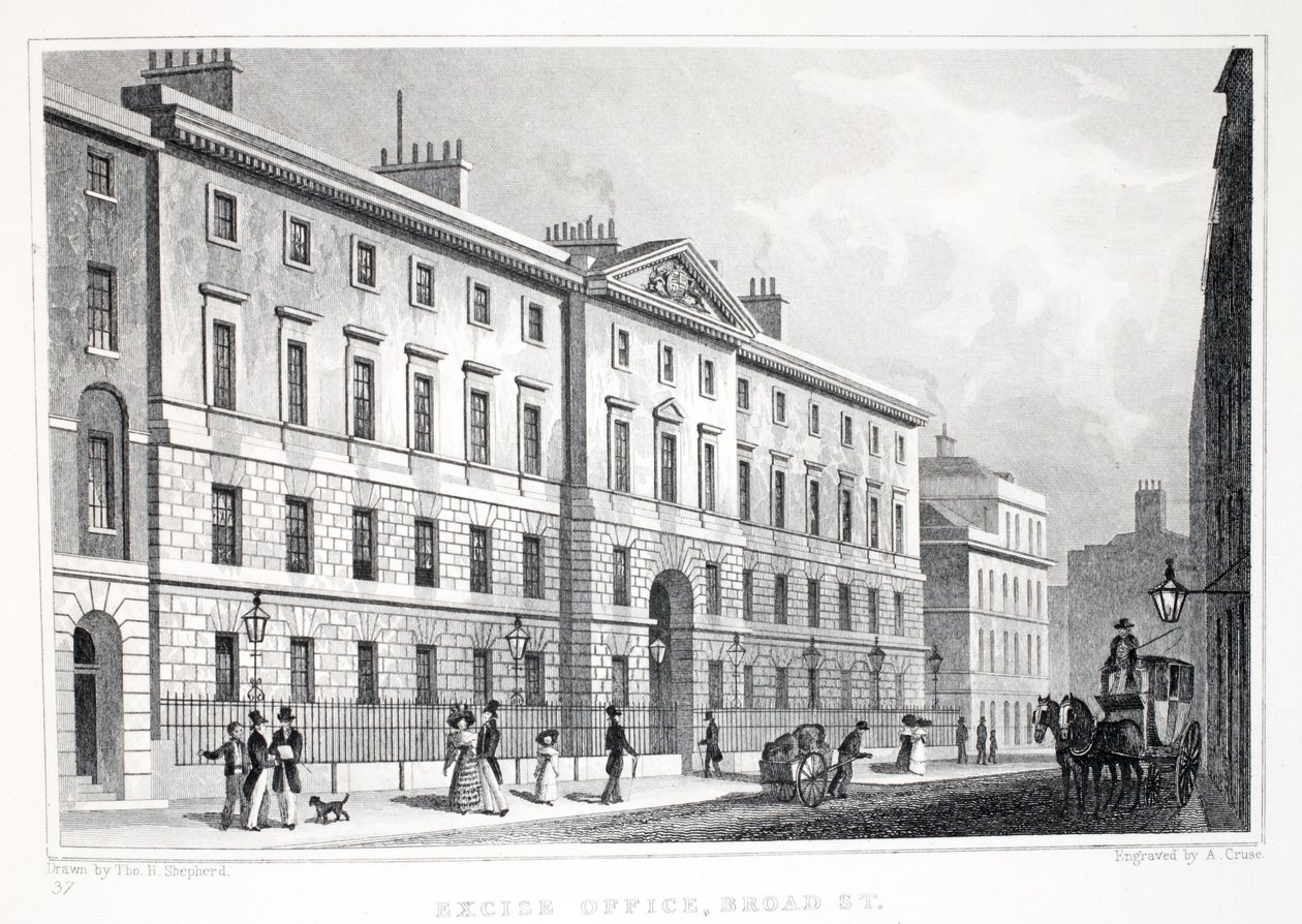 Urząd akcyzowy, Broad Street, z pubu „Londyn i okolice w XIX wieku”. Jones und Co., 1827-1829 autorstwa Thomas Hosmer Shepherd