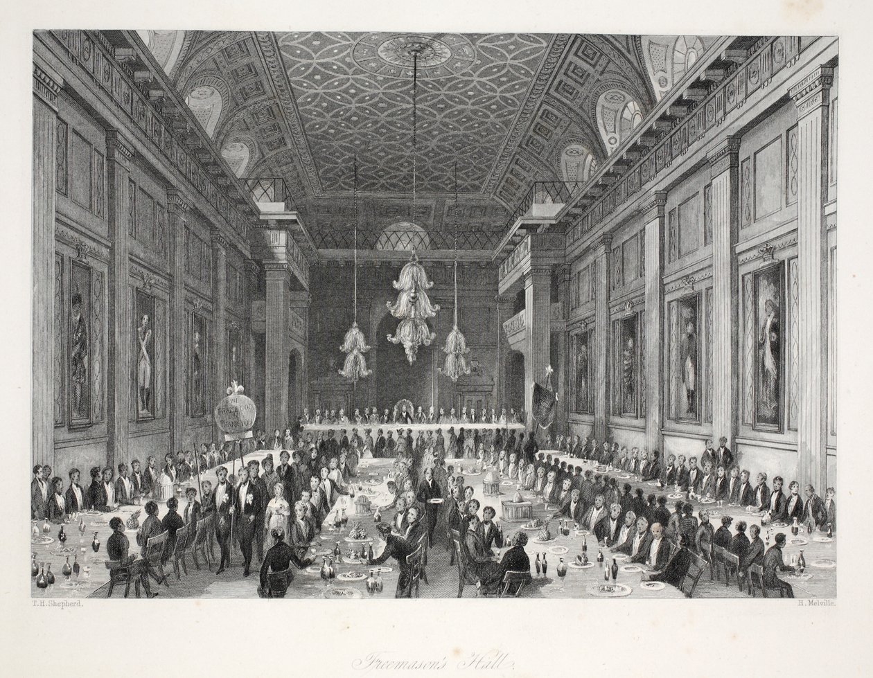 Sala Masonów, z pubu „London Interiors withich Costumes and Ceremonies”. Joseph Mead, Londyn, c.1843 (rycina stalowa) autorstwa Thomas Hosmer Shepherd