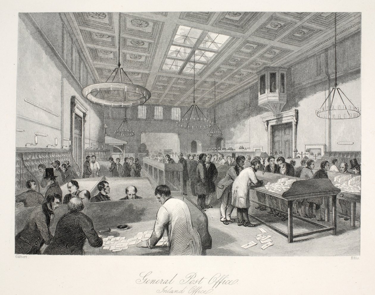 General Post Office, Inland Office, z pubu „London Interiors with your Costumes and Ceremonies”. Joseph Mead, Londyn, c.1843 (rycina stalowa) autorstwa Thomas Hosmer Shepherd