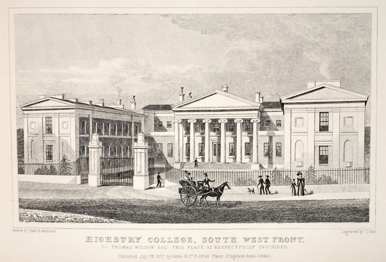 Highbury College, South West Front, z pubu „Londyn i jego okolice w XIX wieku”. Jones und Co., 1827-1829 autorstwa Thomas Hosmer Shepherd