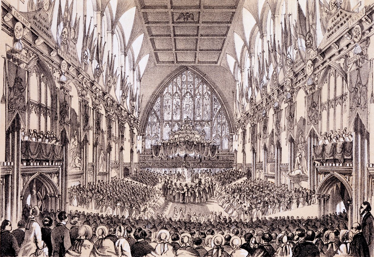 Wnętrze Guildhall - Lord Mayor i Korporacja prezentują swoje przemówienie do Cesarza i Cesarzowej Francji, 19 kwietnia 1855 r. autorstwa Thomas Hosmer Shepherd
