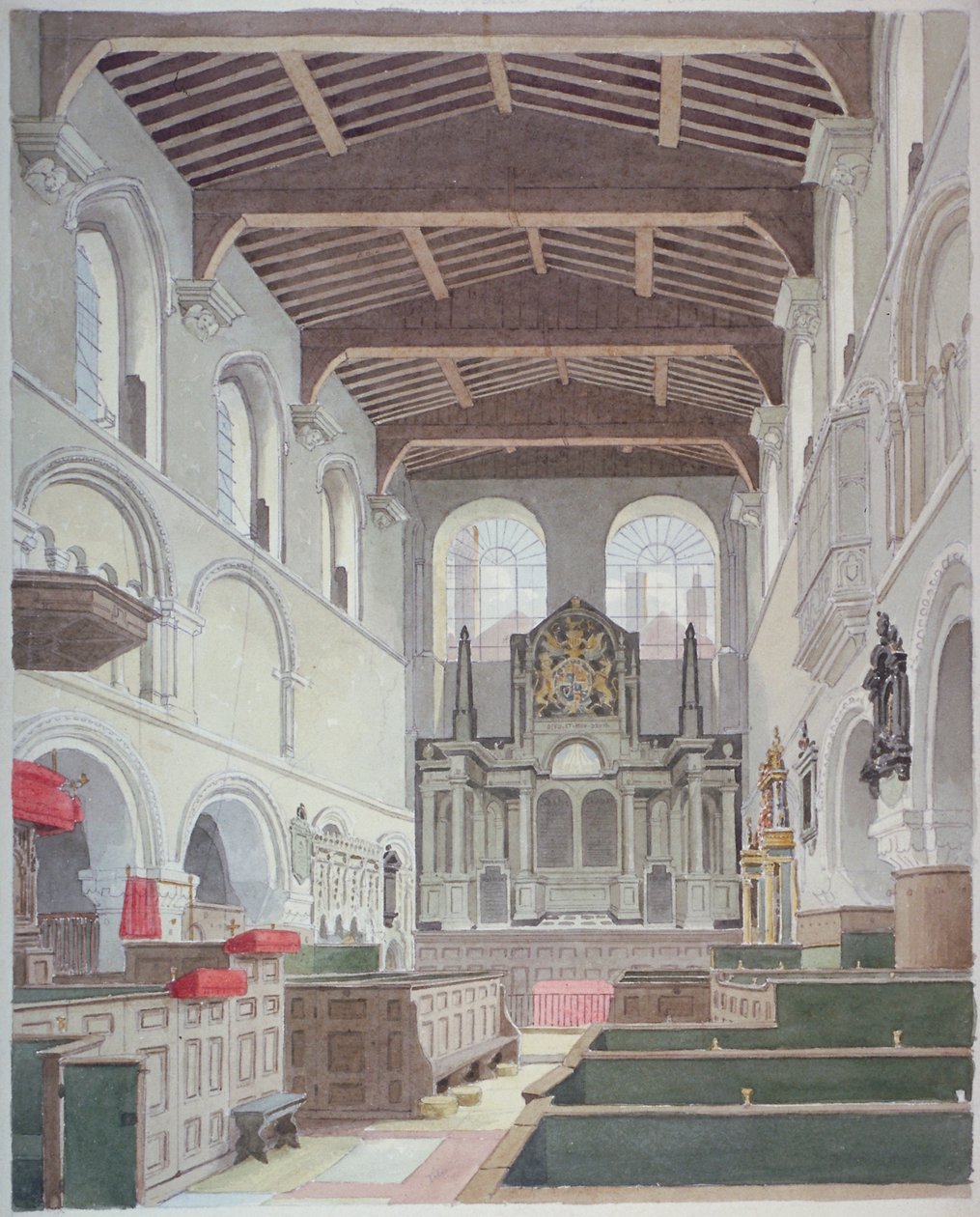 Widok wnętrza kościoła św Bartłomieja Wielkiego, Smithfield, City of London, 1821. autorstwa Thomas Hosmer Shepherd