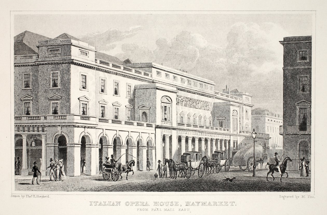 Opera włoska, Haymarket, z pubu „Londyn i okolice w XIX wieku”. Jones und Co., 1827-1829 autorstwa Thomas Hosmer Shepherd