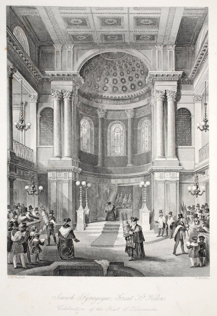 Synagoga żydowska, Great St Helens, z pubu „Londyńskie wnętrza z ich kostiumami i ceremoniami”. Joseph Mead, Londyn, c.1843 (rycina stalowa) autorstwa Thomas Hosmer Shepherd