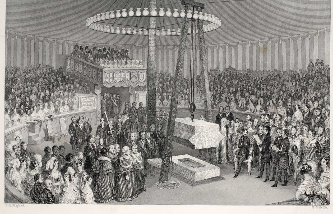 Wmurowanie pierwszego kamienia na Nowej Królewskiej Giełdzie, z pubu „London Interiors withich Costumes and Ceremonies”. Joseph Mead, Londyn, c.1843 (rycina stalowa) autorstwa Thomas Hosmer Shepherd