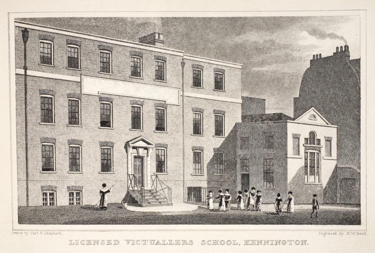 Licencjonowana szkoła Victuallers School, Kennington, z pubu „Londyn i jego okolice w XIX wieku”. Jones und Co., 1827-1829 autorstwa Thomas Hosmer Shepherd