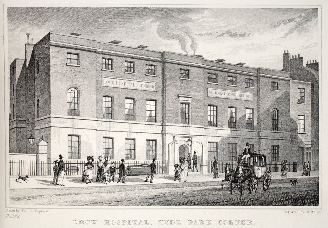 Lock Hospital, Hyde Park Corner, z pubu „Londyn i jego okolice w XIX wieku”. Jones und Co., 1827-1829 autorstwa Thomas Hosmer Shepherd