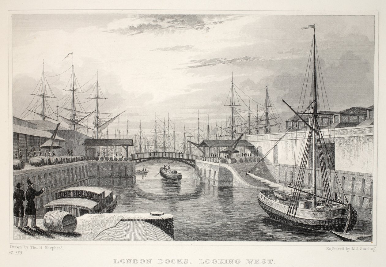 London Docks, patrząc na zachód, z pubu „Londyn i jego okolice w XIX wieku”. Jones und Co., 1827-1829 autorstwa Thomas Hosmer Shepherd