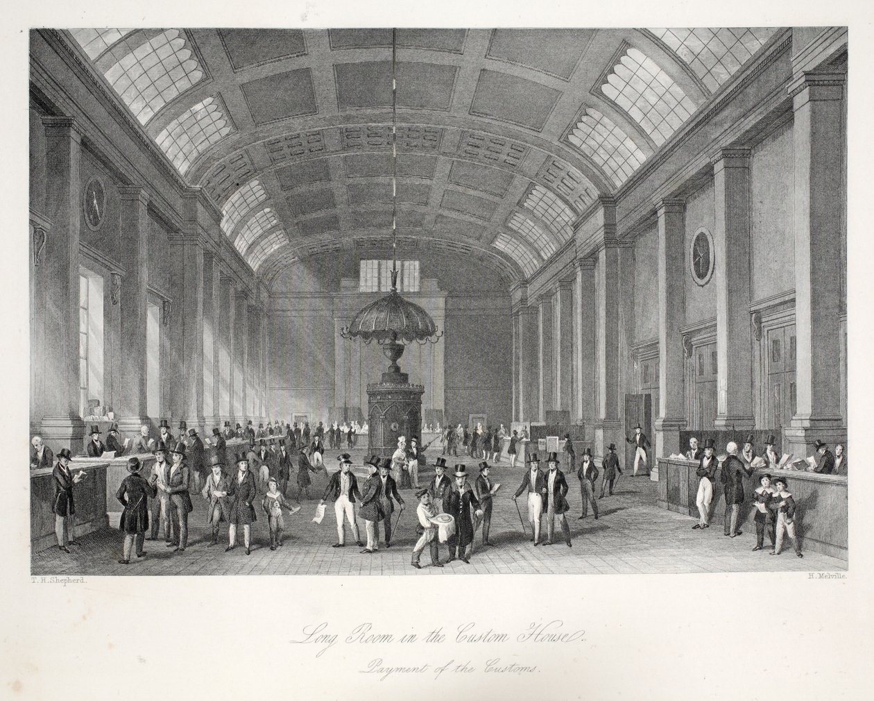 Long Room w Custom-House, z pubu „London Interiors with Your Costumes and Ceremonies”. Joseph Mead, Londyn, c.1843 (rycina stalowa) autorstwa Thomas Hosmer Shepherd
