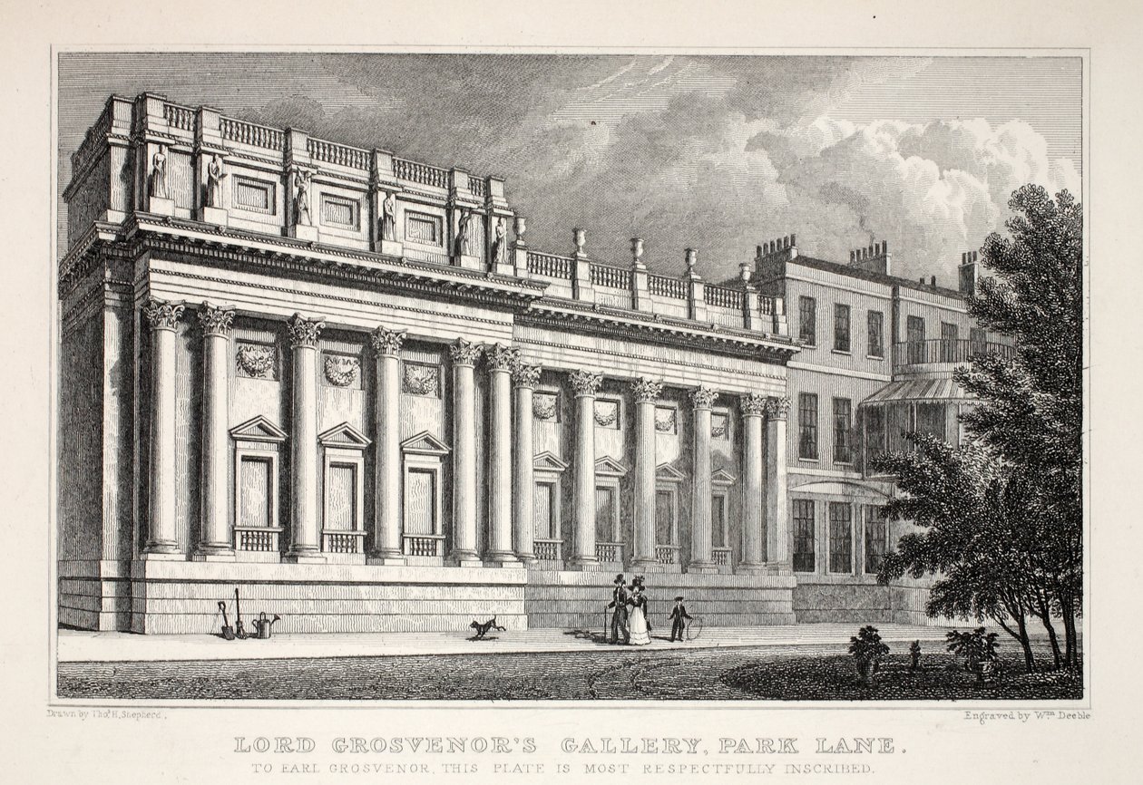 Galeria Lorda Grosevenora, Park Lane, z pubu „Londyn i jego okolice w XIX wieku”. Jones und Co., 1827-1829 autorstwa Thomas Hosmer Shepherd