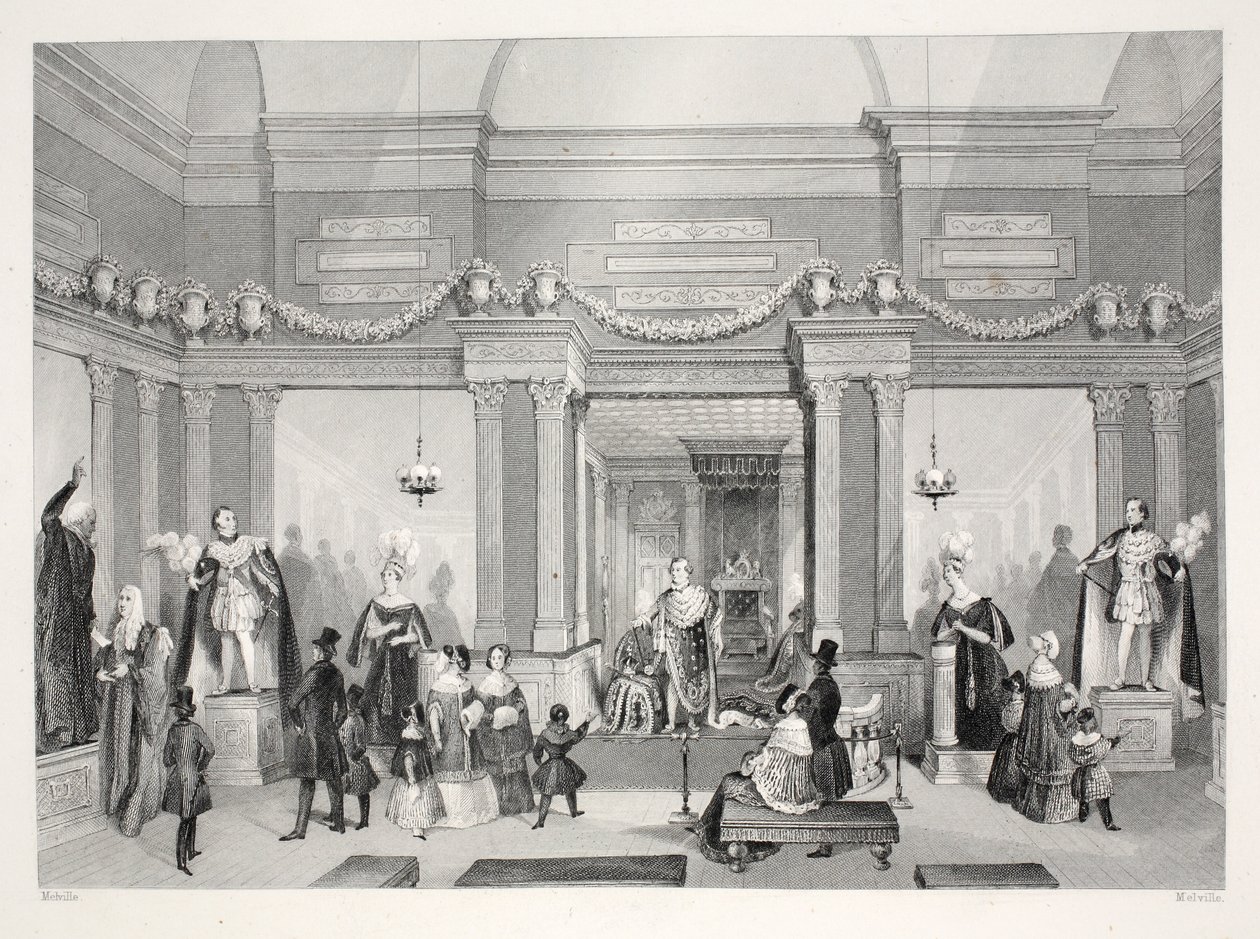 Wystawa figur woskowych Madame Tussaud z pubu „Londyńskie wnętrza z ich kostiumami i ceremoniami”. Joseph Mead, Londyn, c.1843 (rycina stalowa) autorstwa Thomas Hosmer Shepherd