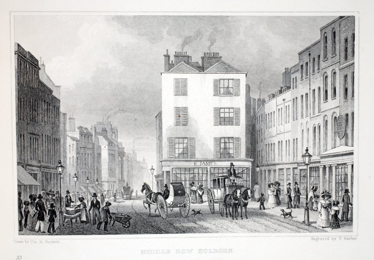 Middle Row, Holborn, z pubu „Londyn i jego okolice w XIX wieku”. Jones und Co., 1827-1829 autorstwa Thomas Hosmer Shepherd