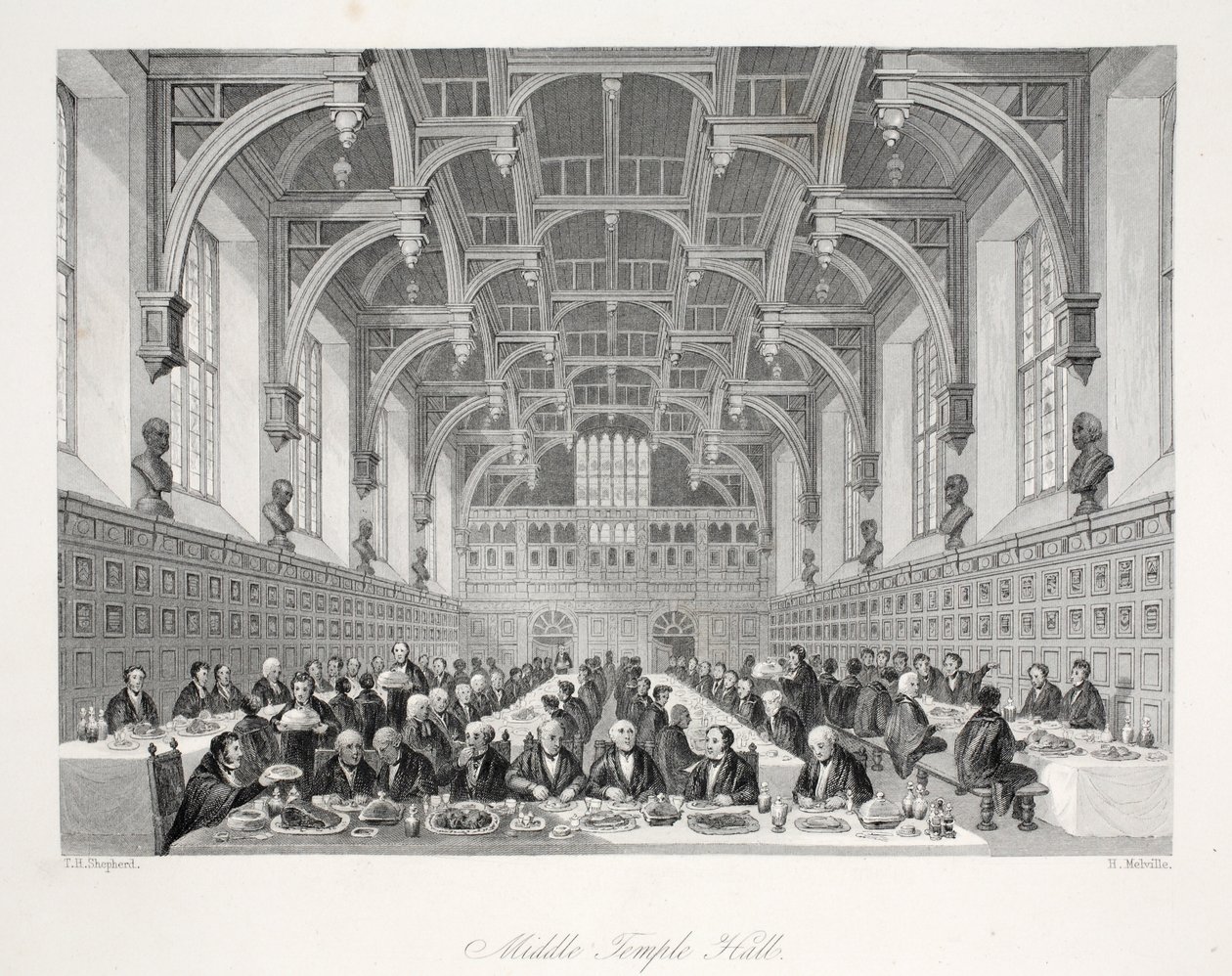 Sala Middle Temple, z pubu „London Interiors withich Costumes and Ceremonies”. Joseph Mead, Londyn, c.1843 (rycina stalowa) autorstwa Thomas Hosmer Shepherd