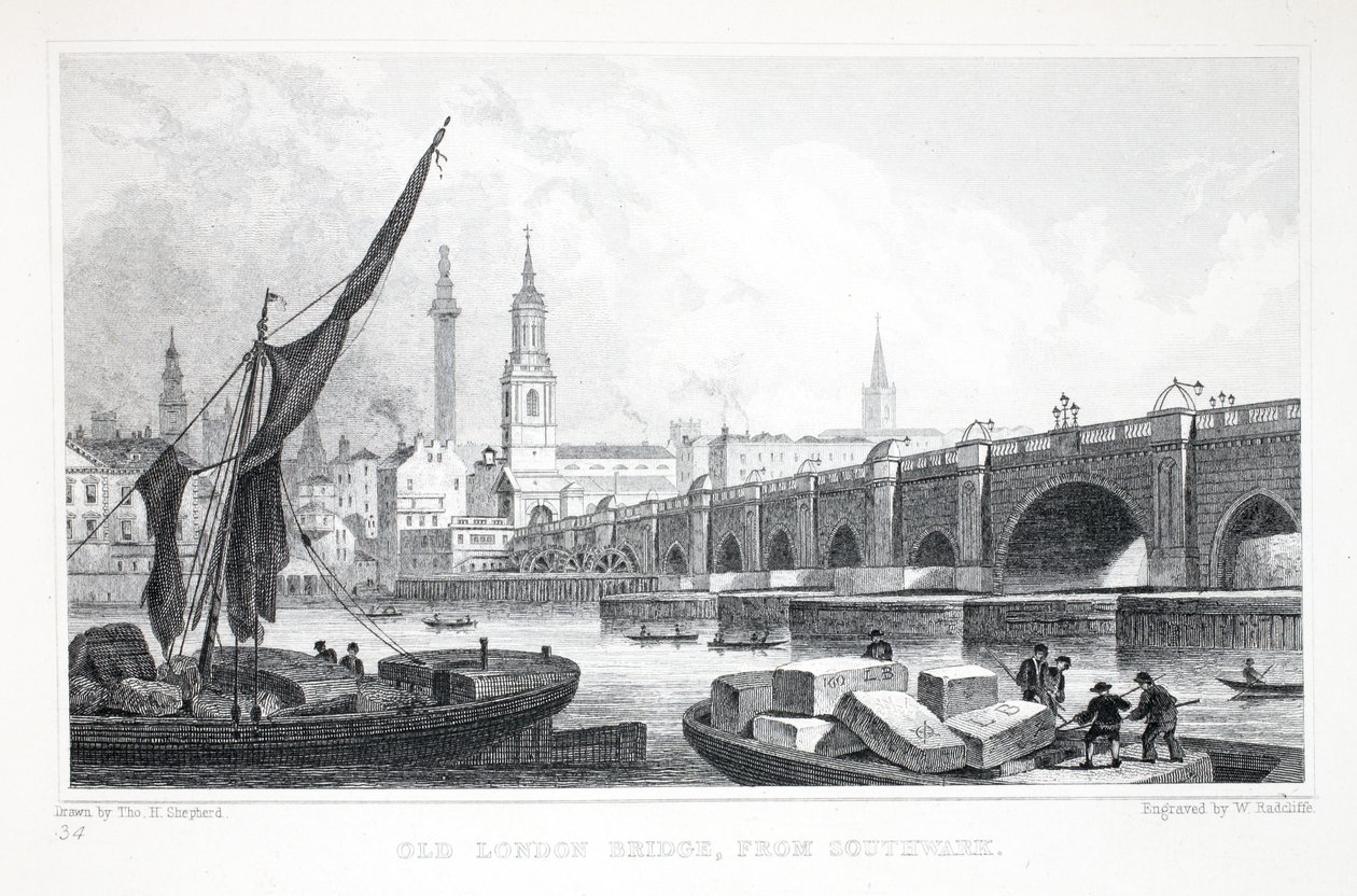 Old London Bridge, z Southwark, z pubu „Londyn i jego okolice w XIX wieku”. Jones und Co., 1827-1829 autorstwa Thomas Hosmer Shepherd