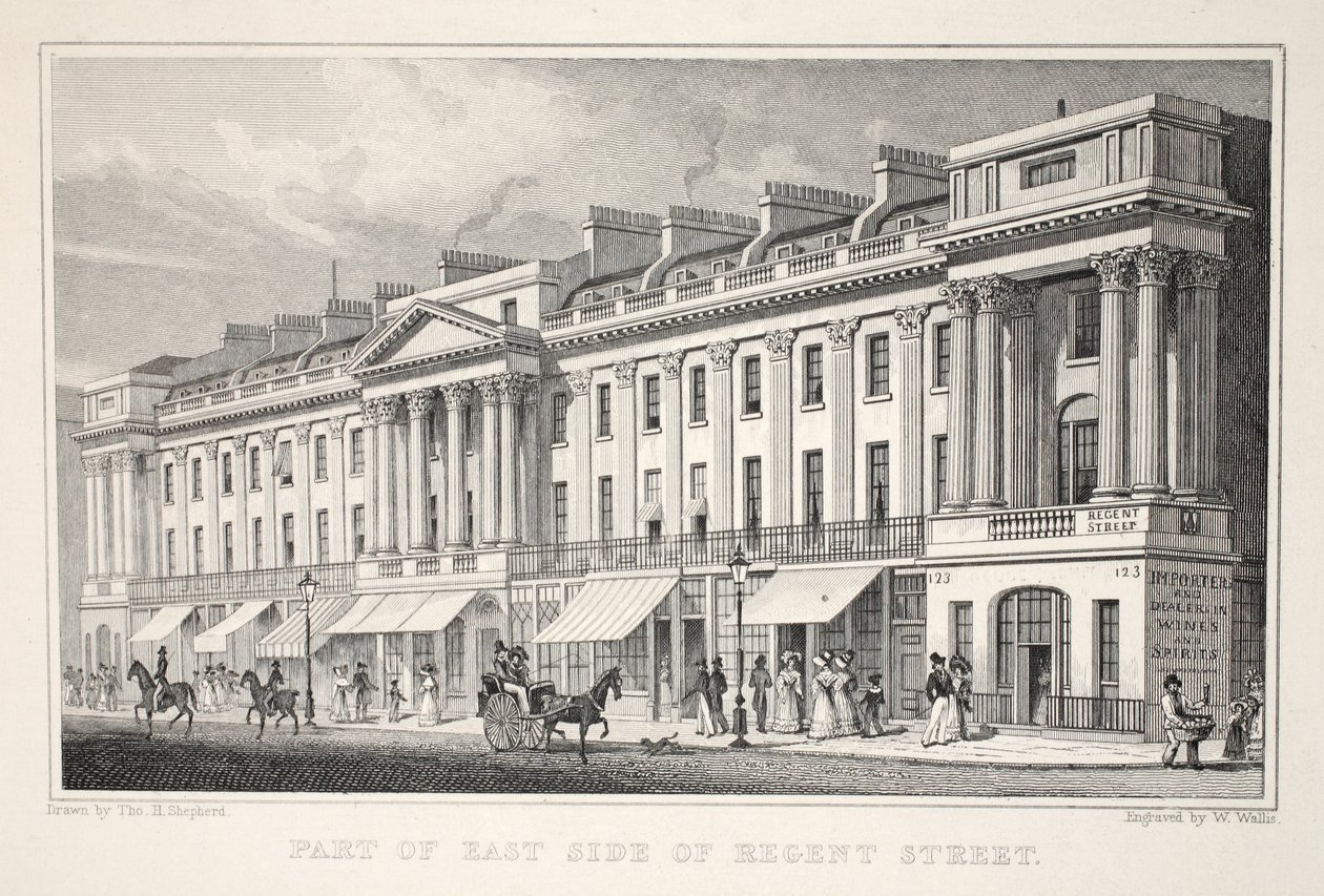 Część East Side of Regent Street, z pubu „Londyn i jego okolice w XIX wieku”. Jones und Co., 1827-1829 autorstwa Thomas Hosmer Shepherd
