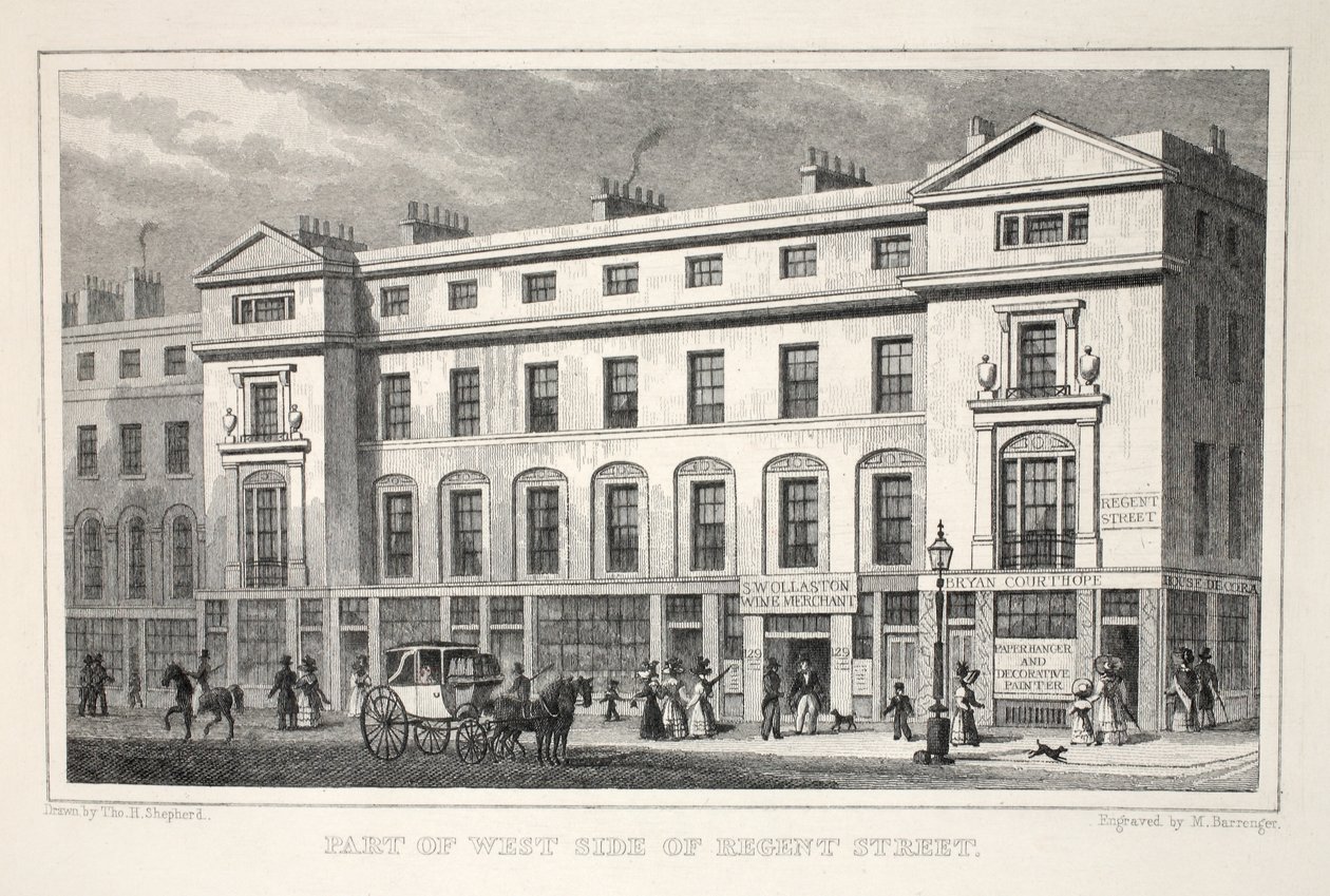 Część West Side of Regent Street, z pubu „Londyn i jego okolice w XIX wieku”. Jones und Co., 1827-1829 autorstwa Thomas Hosmer Shepherd