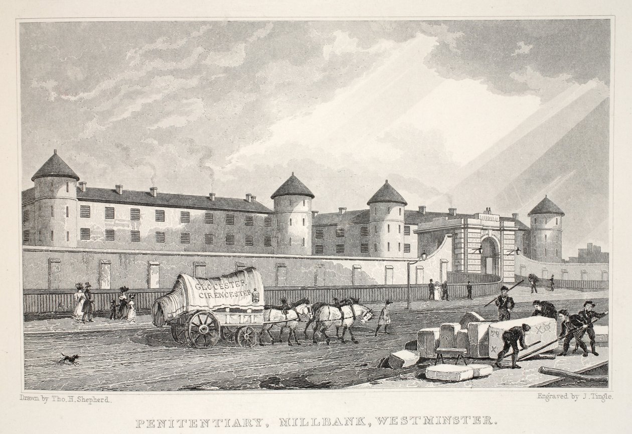 Więzienie, Millbank, Westminster, z pubu „Londyn i jego okolice w XIX wieku”. Jones und Co., 1827-1829 autorstwa Thomas Hosmer Shepherd